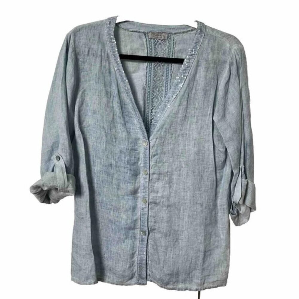 Bellambia Blue Sequin Linen Crochet Cutout Lace Detail Top Womens Small